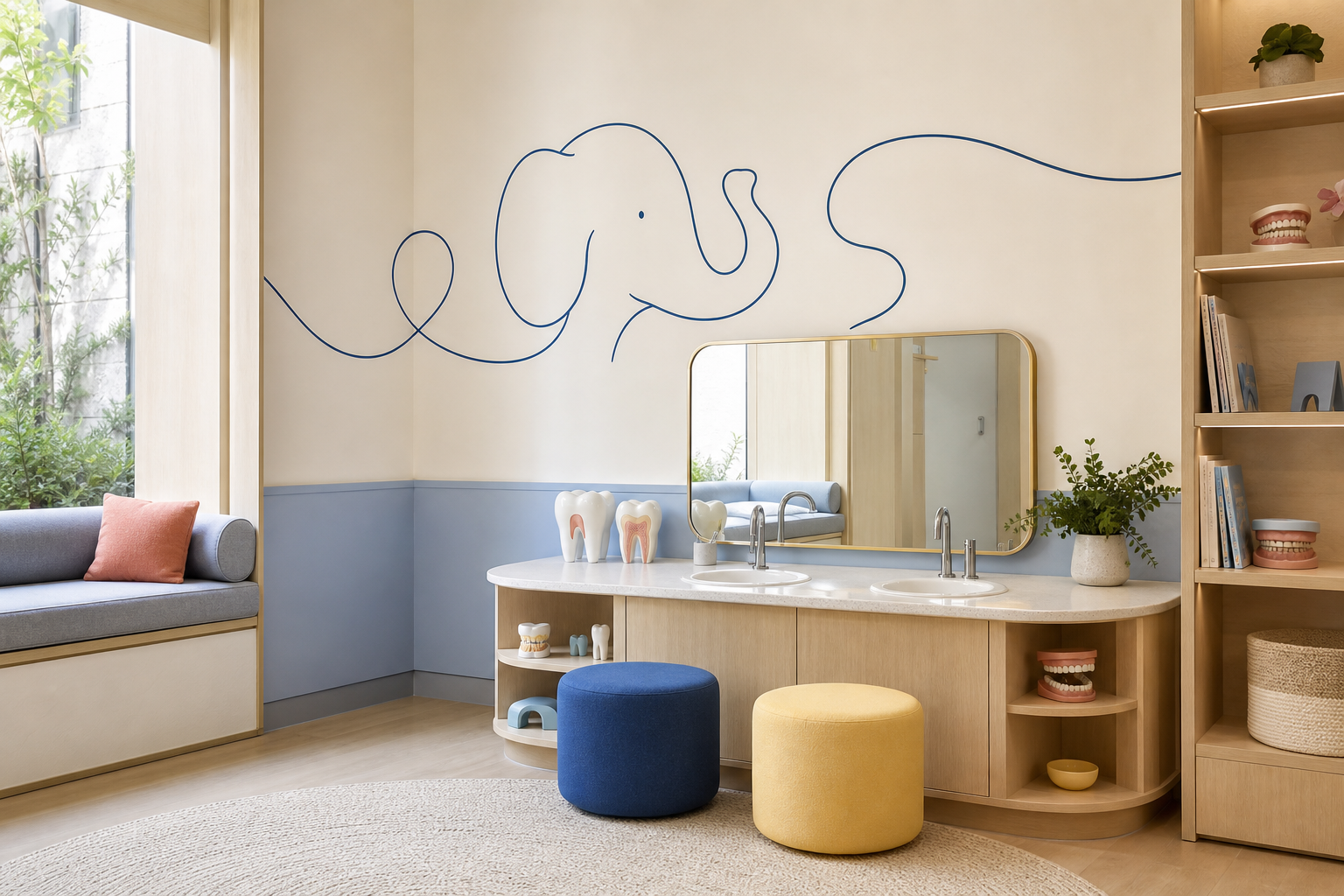 Concept image of a family brushing-learning corner inside a pediatric clinic