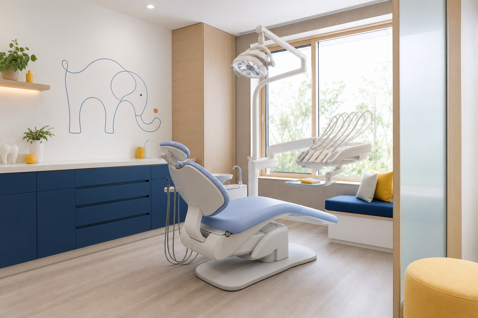 Concept image of a bright child-friendly dental treatment room